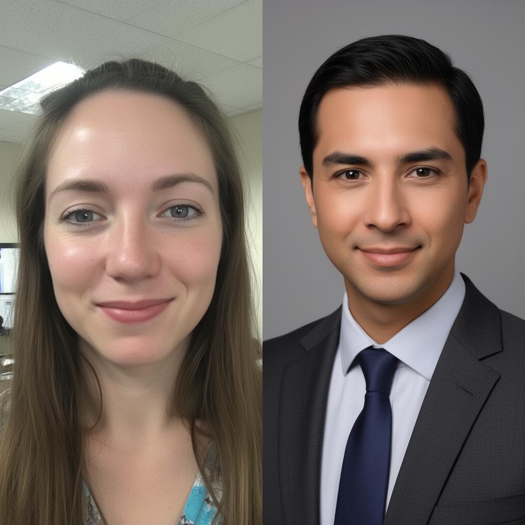 Side-by-side comparison: harsh-lit amateur webcam selfie vs studio-lit professional corporate headshot