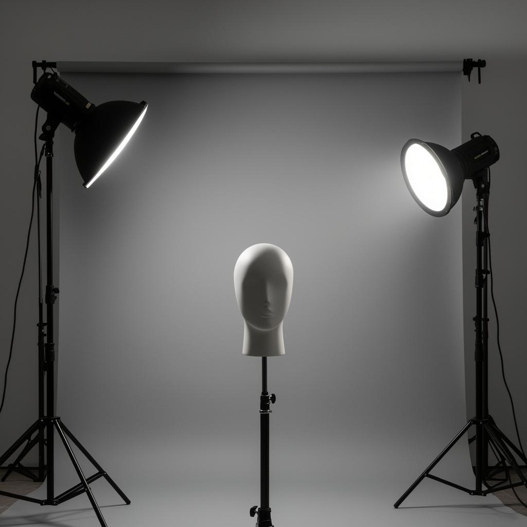 Studio diagram of three-point lighting: key light camera left, fill camera right, rim light behind a mannequin head