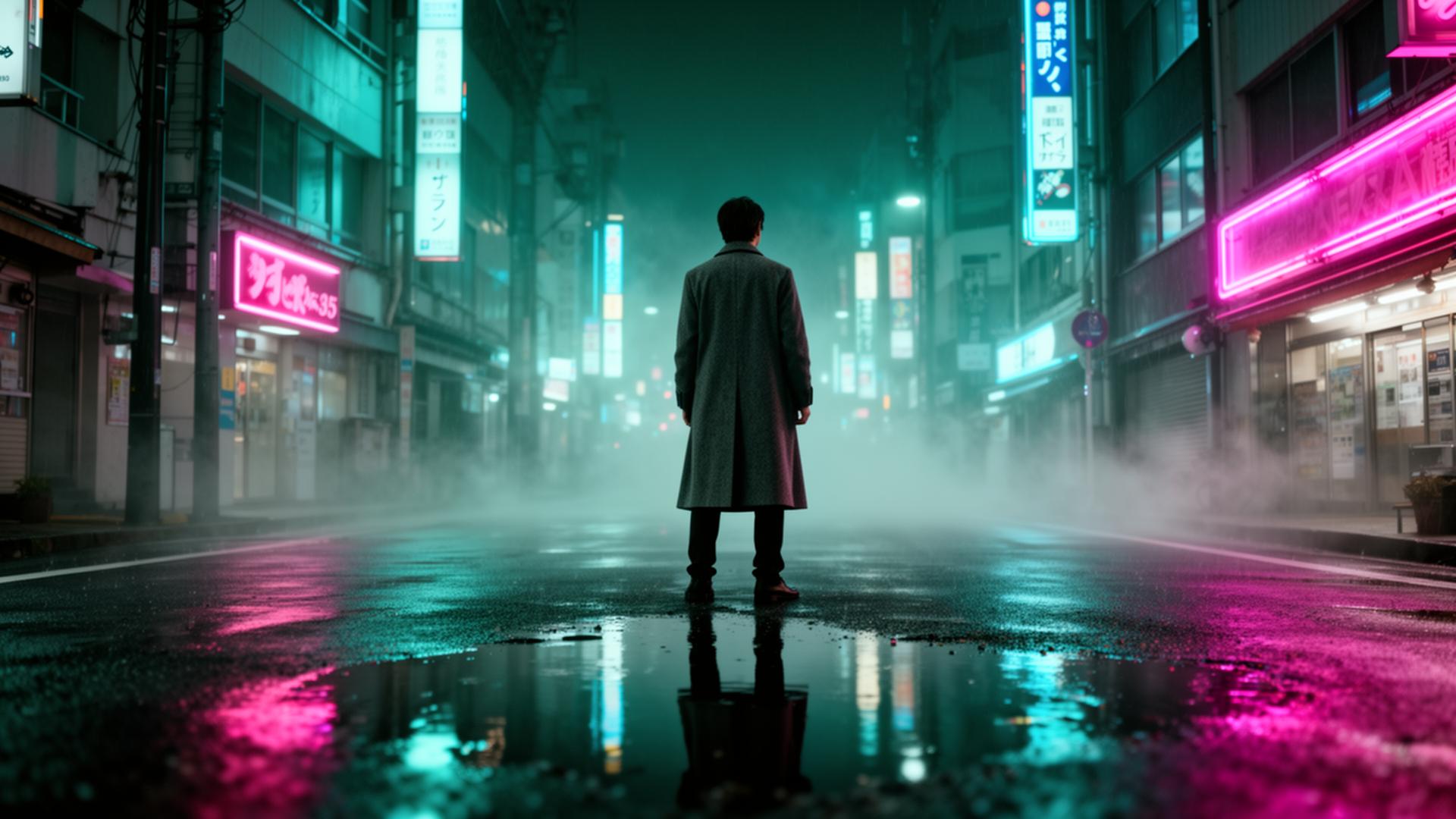 Cinematic AI generated video still of a lone figure on a neon-lit rainy Tokyo street