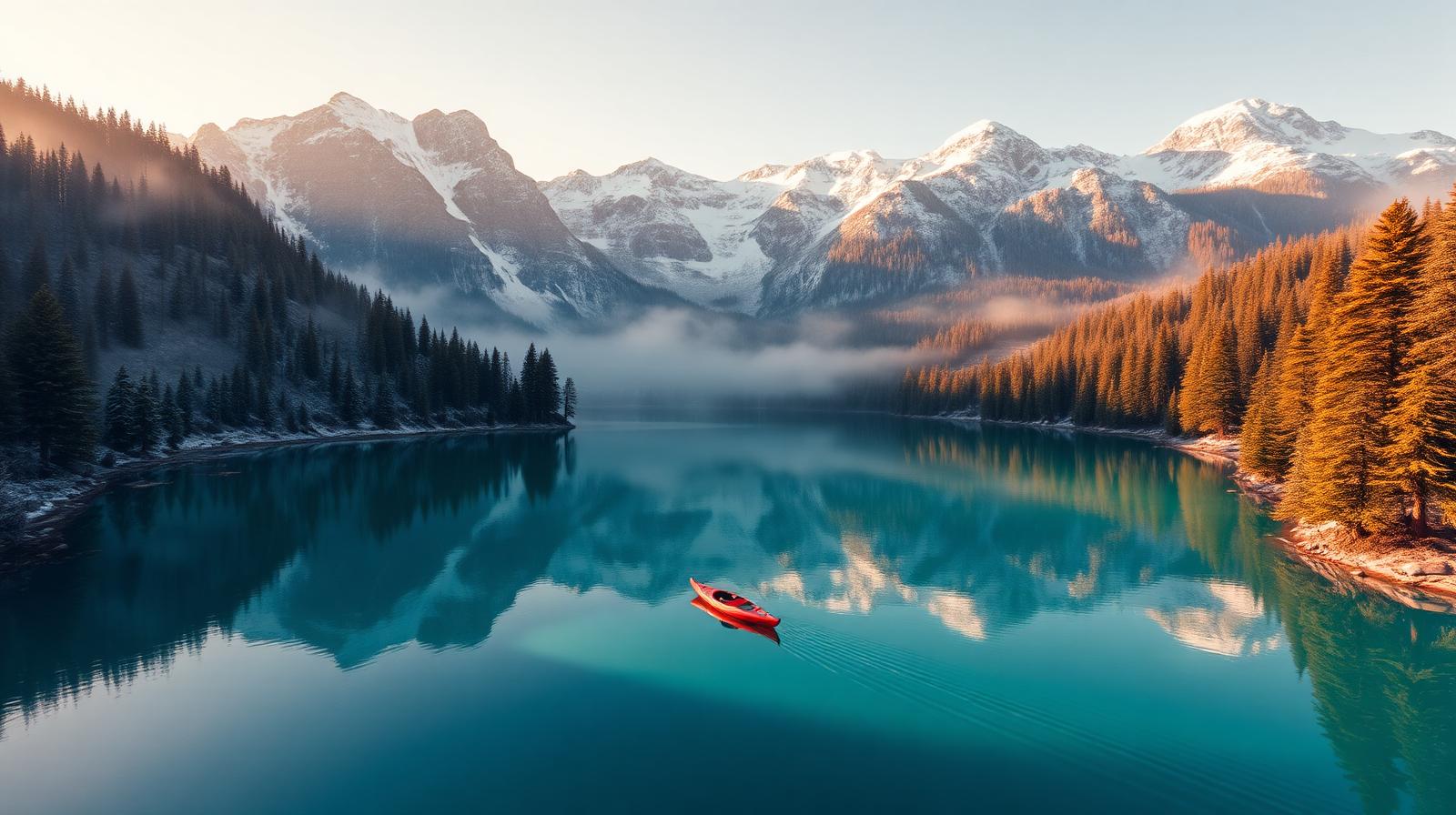 A wide cinematic AI generated nature shot of a kayak on an alpine lake at golden hour
