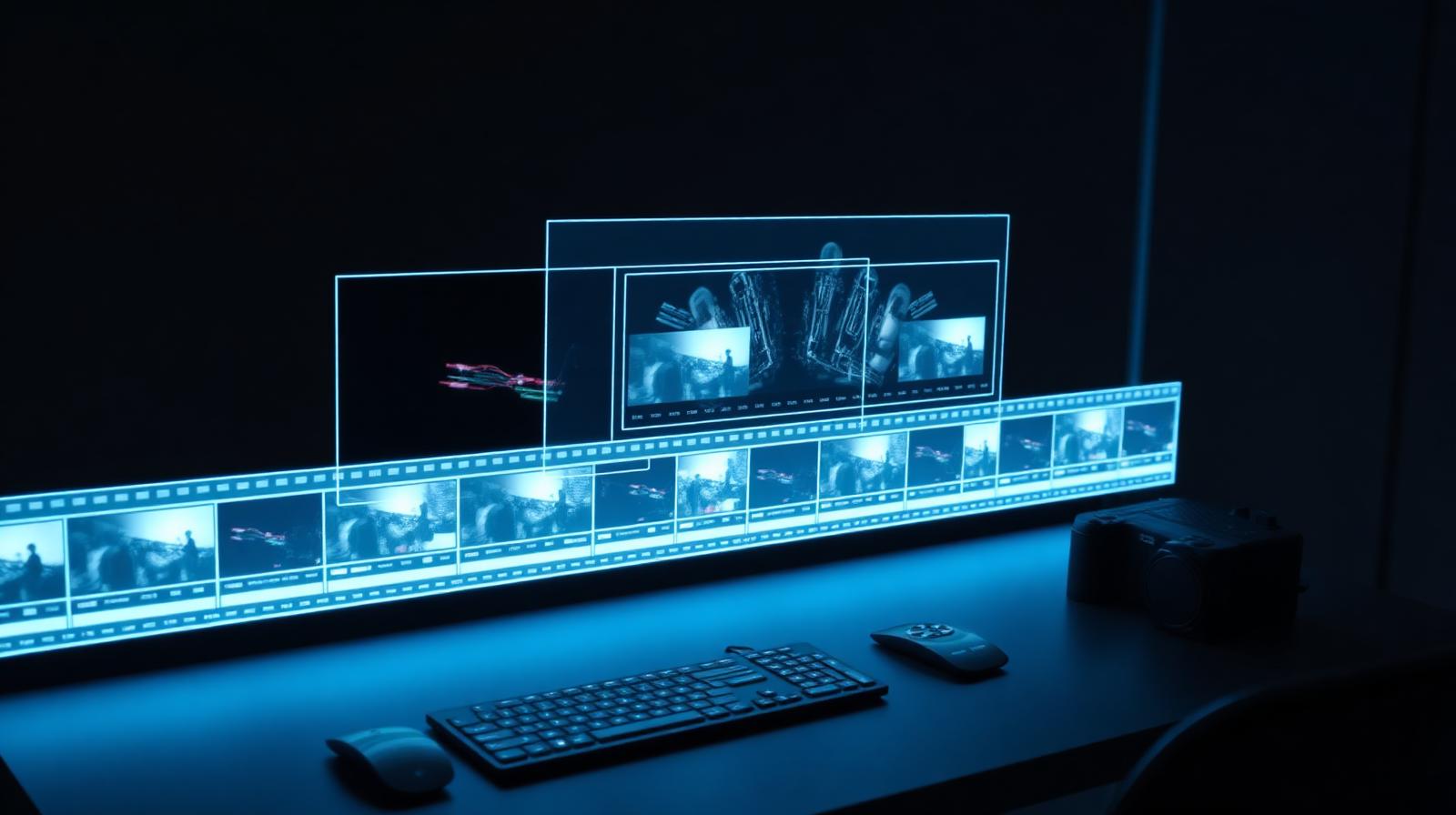 A behind-the-scenes view of an AI video editing workflow with floating storyboard frames