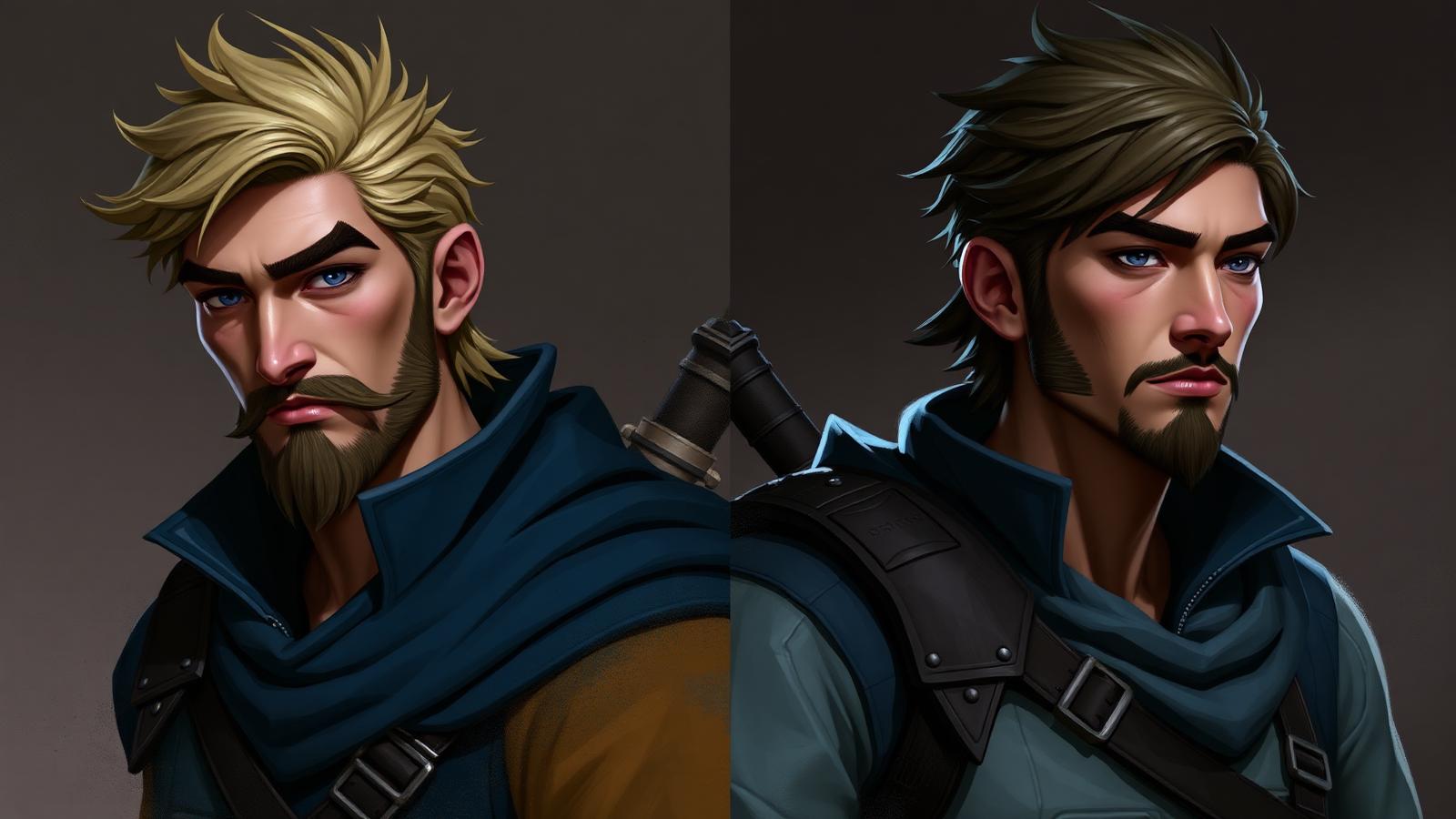 Same character rendered in a painterly stylized approach on the left and a cleaner crisp render on the right, showing how style choice reshapes the same design