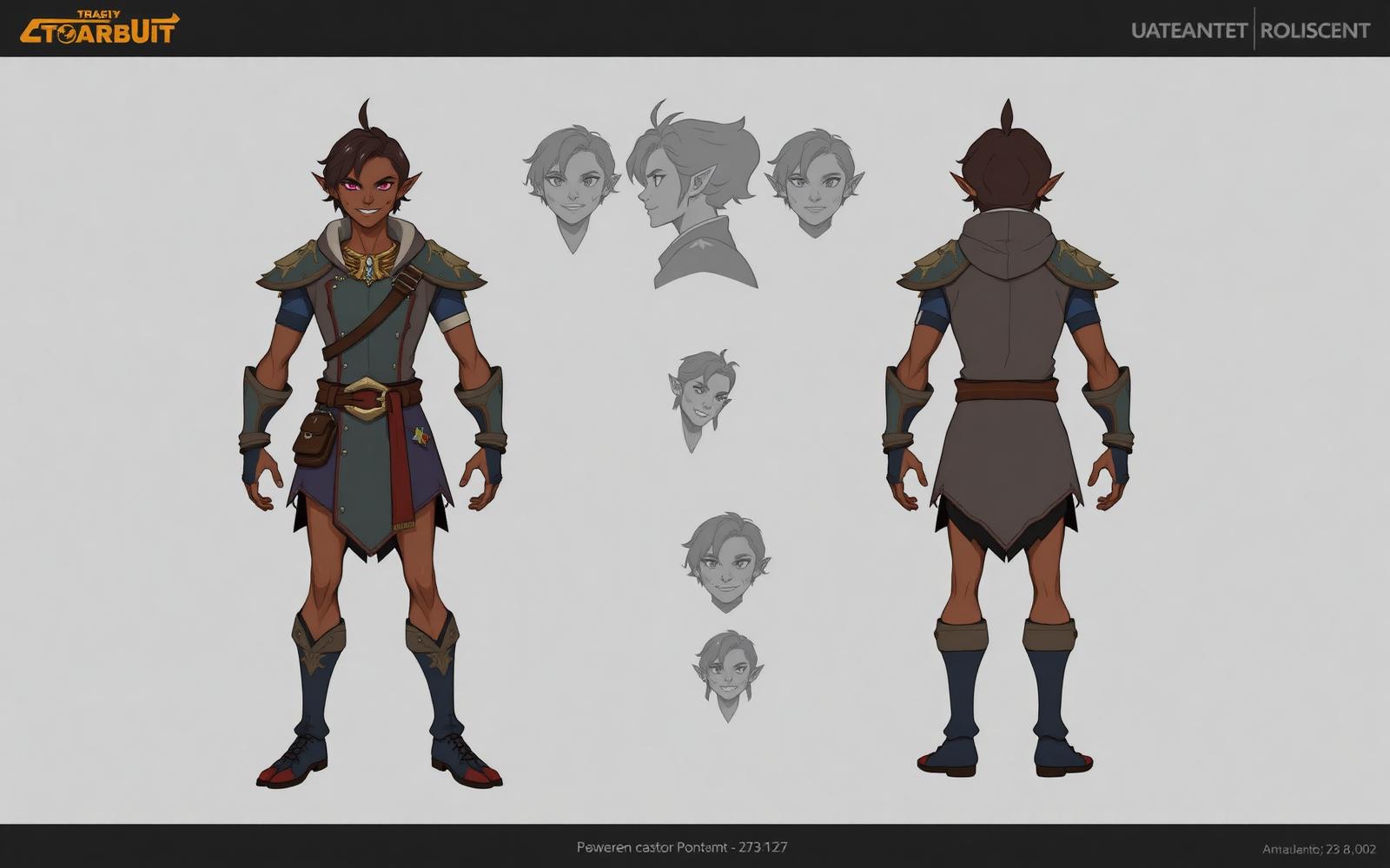 Concept art character turnaround sheet showing a stylized fantasy hero with expression studies, professional game studio style