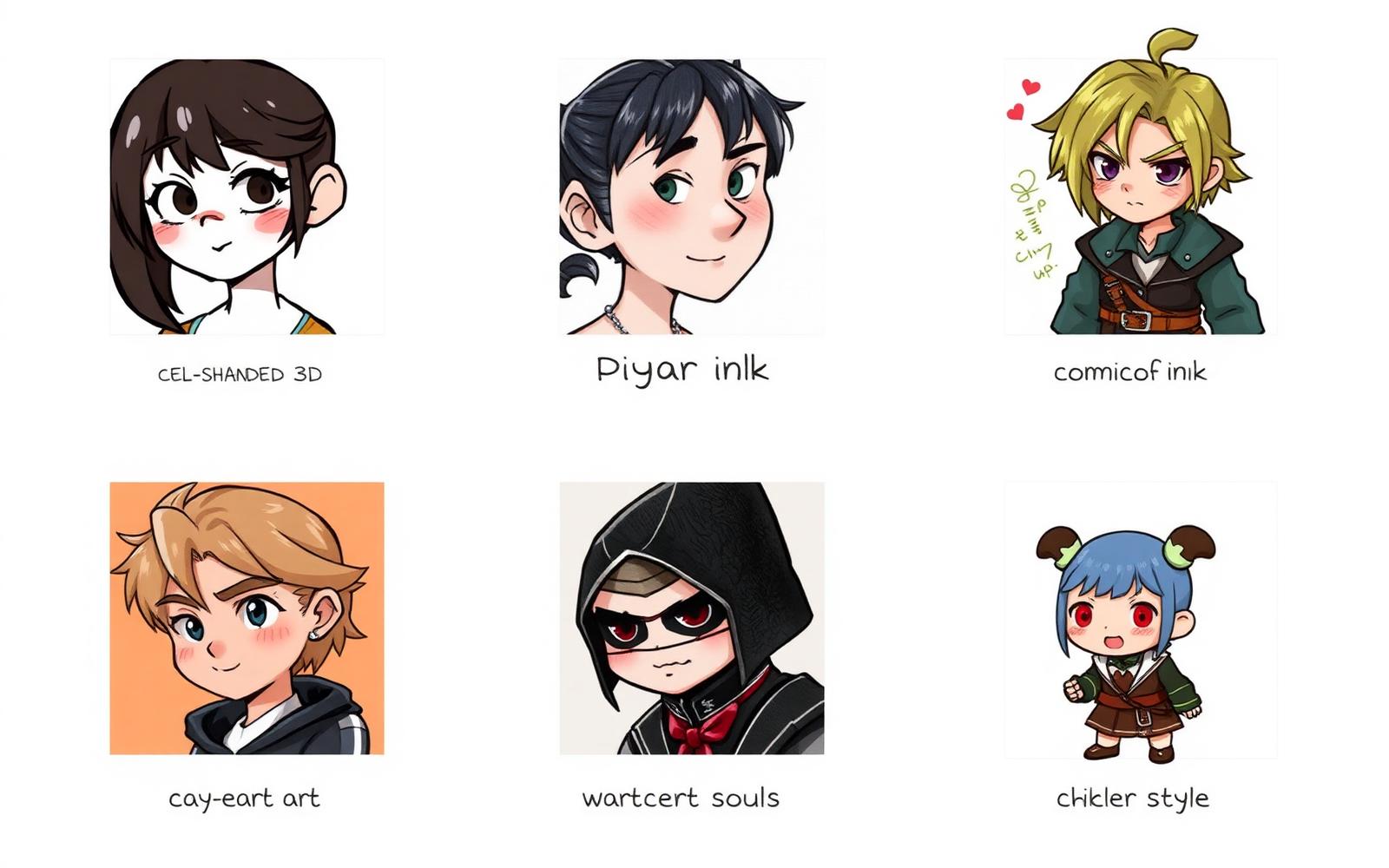 Grid of six character style examples: anime cel shading, Pixar 3D, comic book ink, Ghibli watercolor, Dark Souls concept art and chibi sticker style