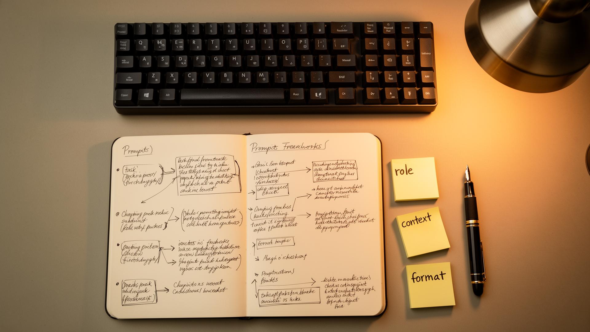 A hand-drawn prompt framework notebook with Role, Context and Format sticky notes — the four-part skeleton that survives across every frontier AI model.