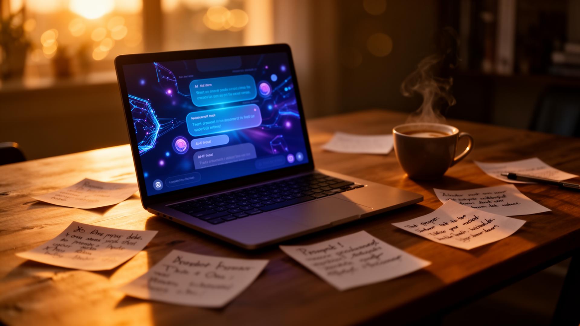 Cinematic desk scene with a laptop showing a ChatGPT conversation and handwritten prompt notes at golden hour