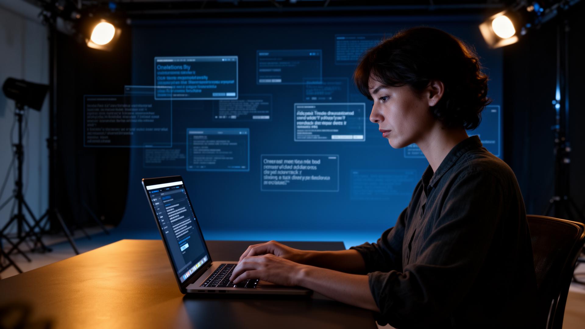 Soft-lit photo of a focused creator iterating on prompts at a laptop — the difference between an okay output and a great one is almost always the second and third iteration.