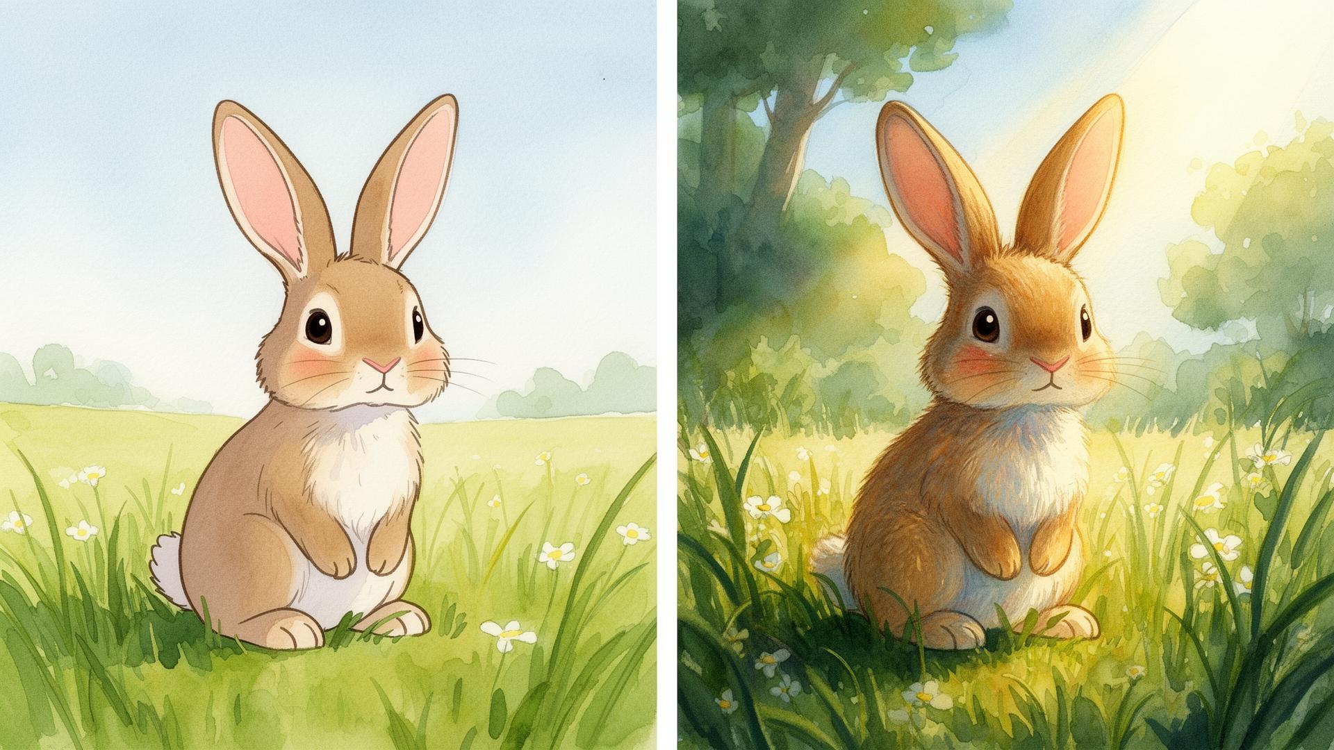 Side-by-side: a flat generic AI bunny on the left, a richly textured watercolor bunny on the right