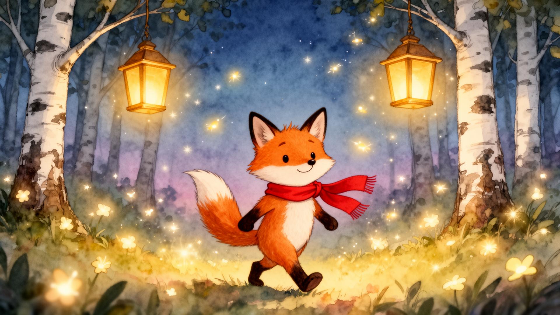 A small fox in a red scarf walking through a glowing birch forest at twilight, watercolor children's book illustration with floating lanterns and fireflies