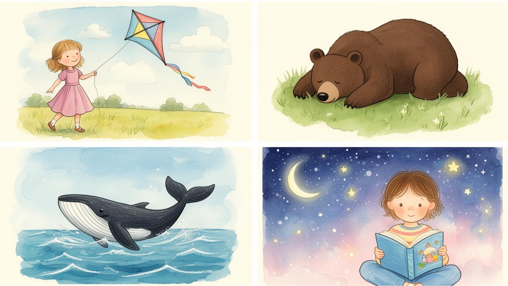 A four-panel grid showcasing watercolor, flat vector, crayon-collage and pastel children's book styles