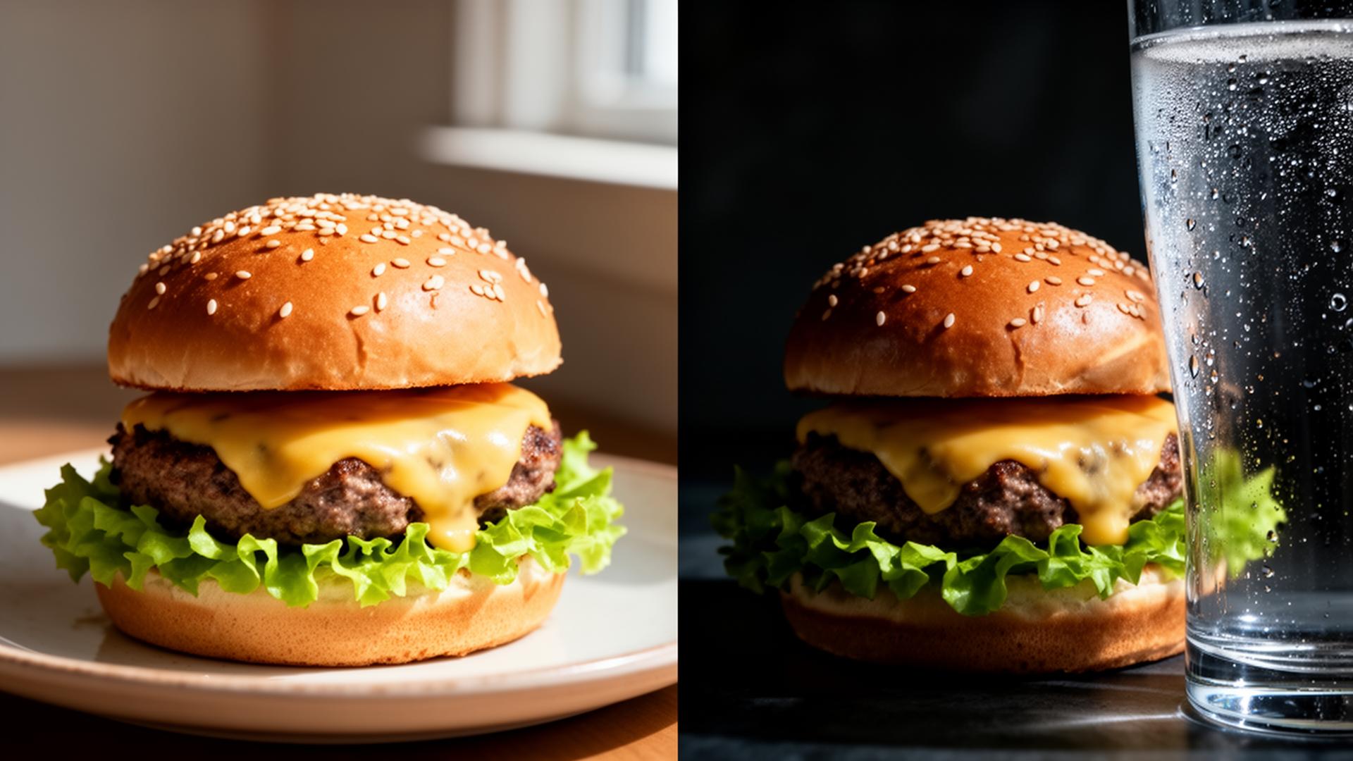 Left: a flat amateur smartphone photo of a burger. Right: the same burger styled and lit like an editorial food photograph