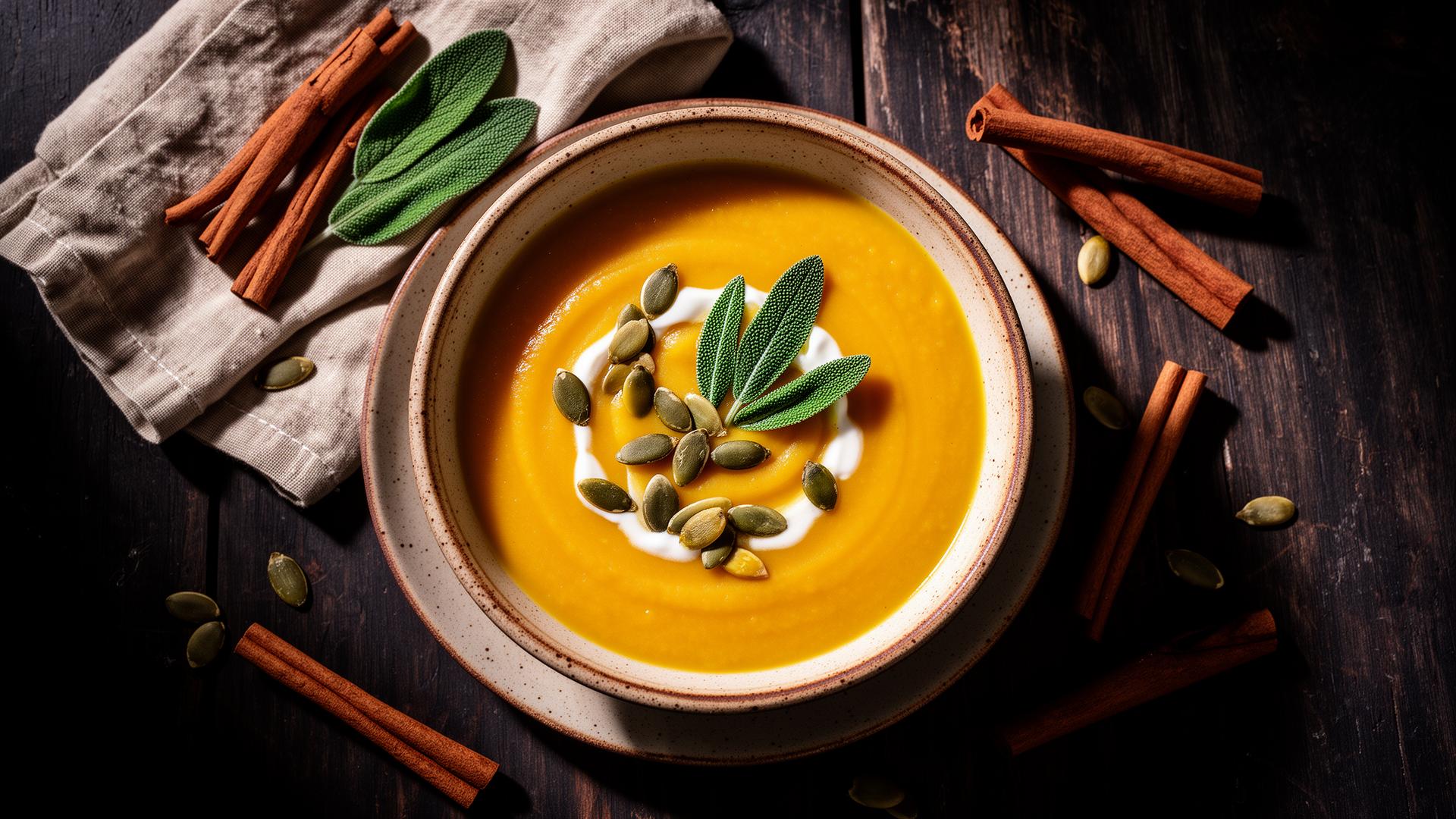 Overhead editorial photograph of a rustic ceramic bowl of butternut squash soup with sage, pumpkin seeds and a swirl of cream, dark moody wooden table with cinnamon sticks and linen napkin