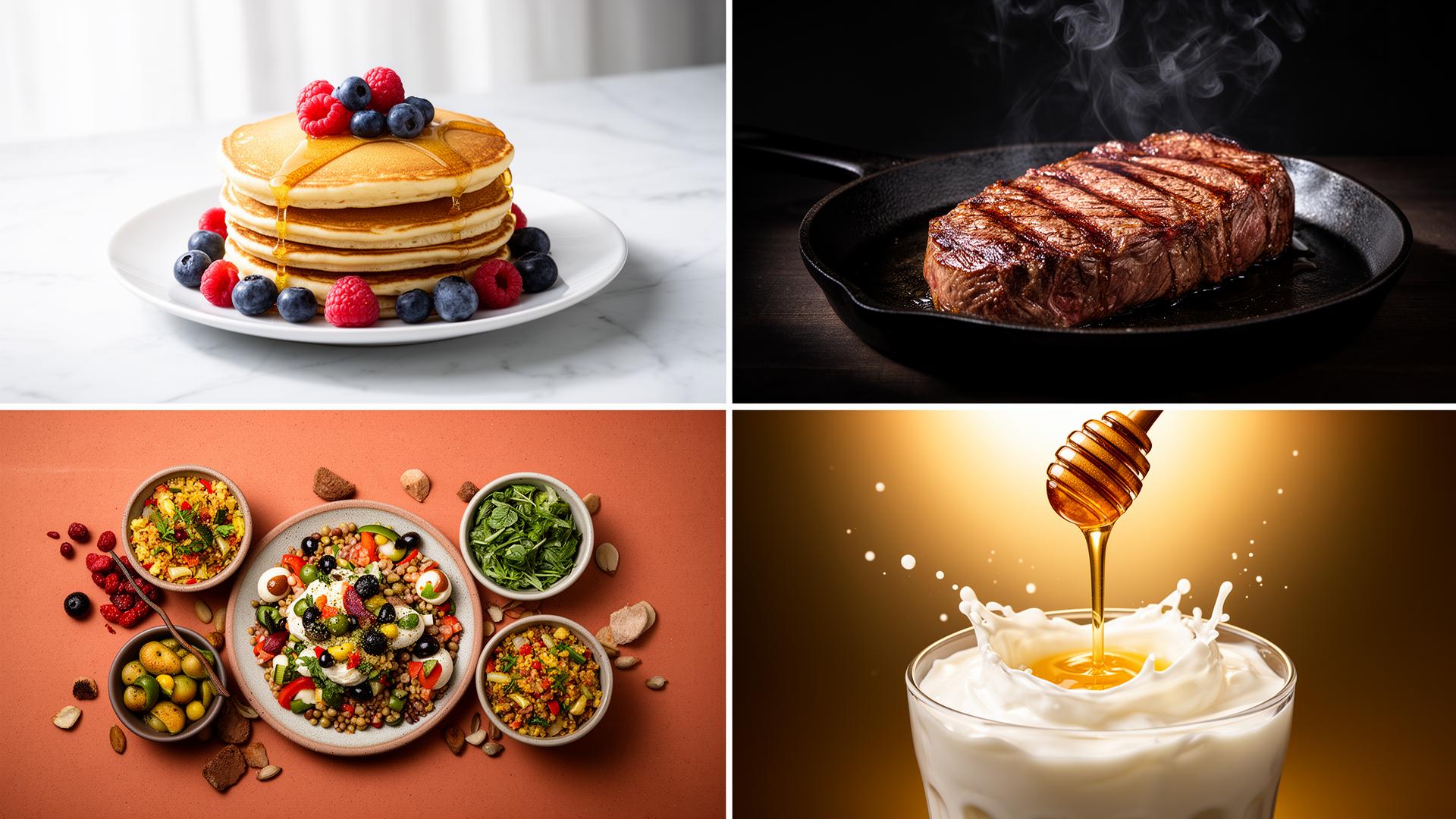 Four-panel grid showing bright-airy pancakes, dark moody steak, overhead Mediterranean mezze and a backlit honey pour