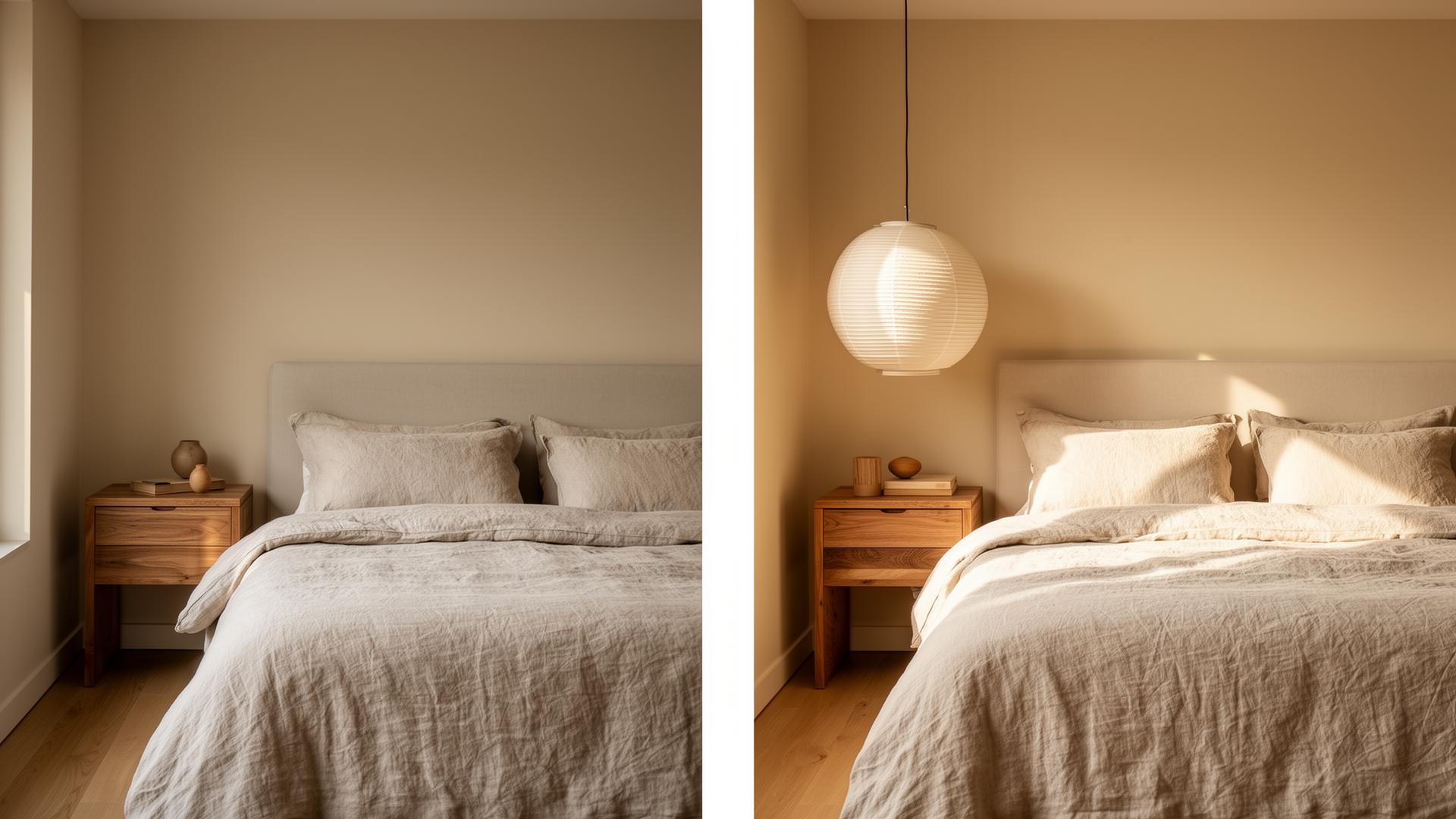 Before and after: a plain bedroom transformed into a softly lit Japandi sanctuary