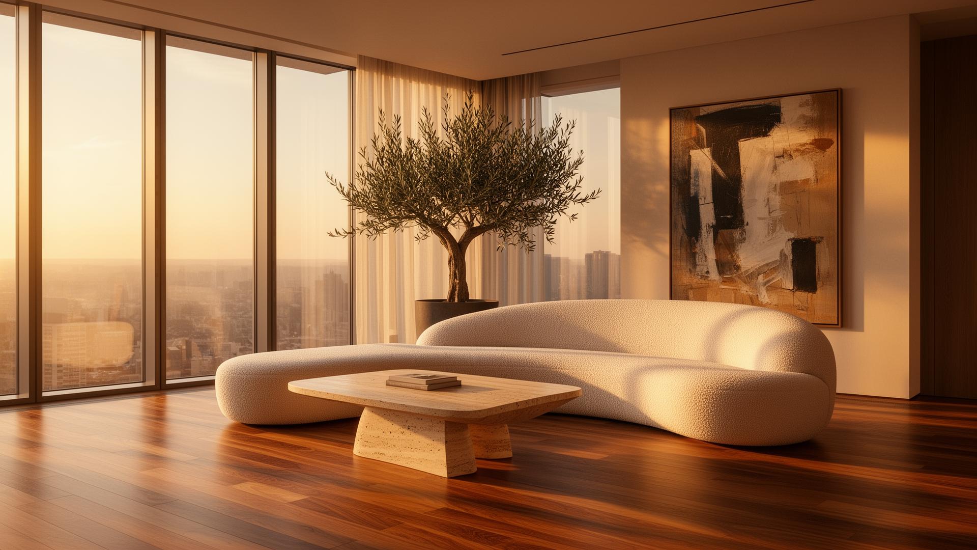 AI-generated luxury modern living room with curved bouclé sofa, travertine coffee table and golden hour light through floor-to-ceiling windows