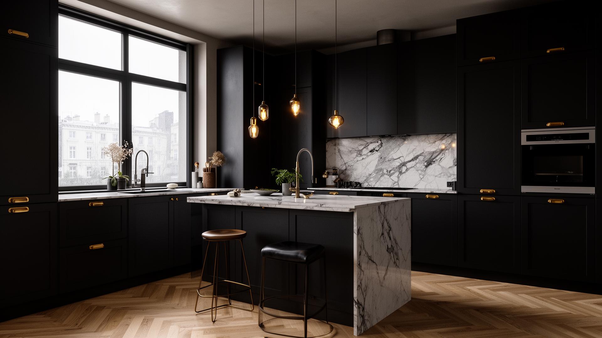 Moody Scandinavian kitchen with matte black cabinetry, marble splashback and brass fixtures