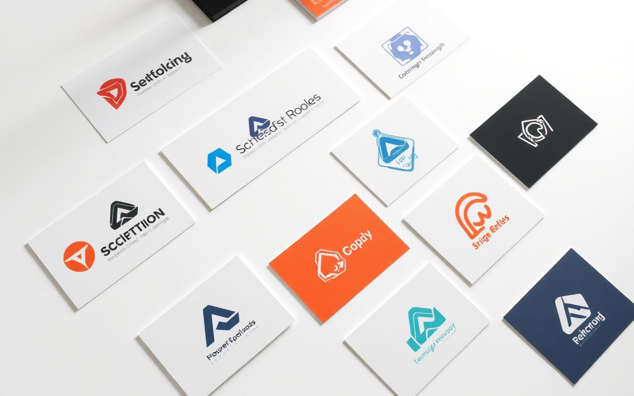 Flat lay of modern minimalist logo concepts printed on business cards on a clean white studio surface, brand identity presentation