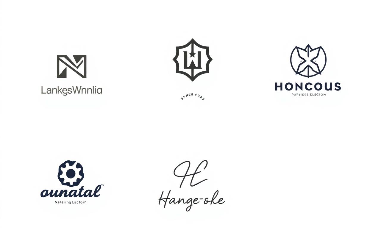 Six different logo styles: wordmark, geometric monogram, vintage badge, abstract mark, hand-drawn script and bold lettermark