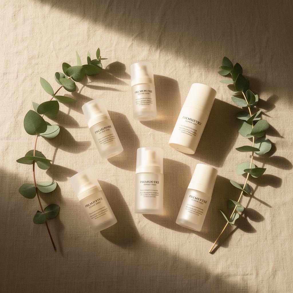 Overhead flat lay of skincare bottles on linen with eucalyptus and natural side light