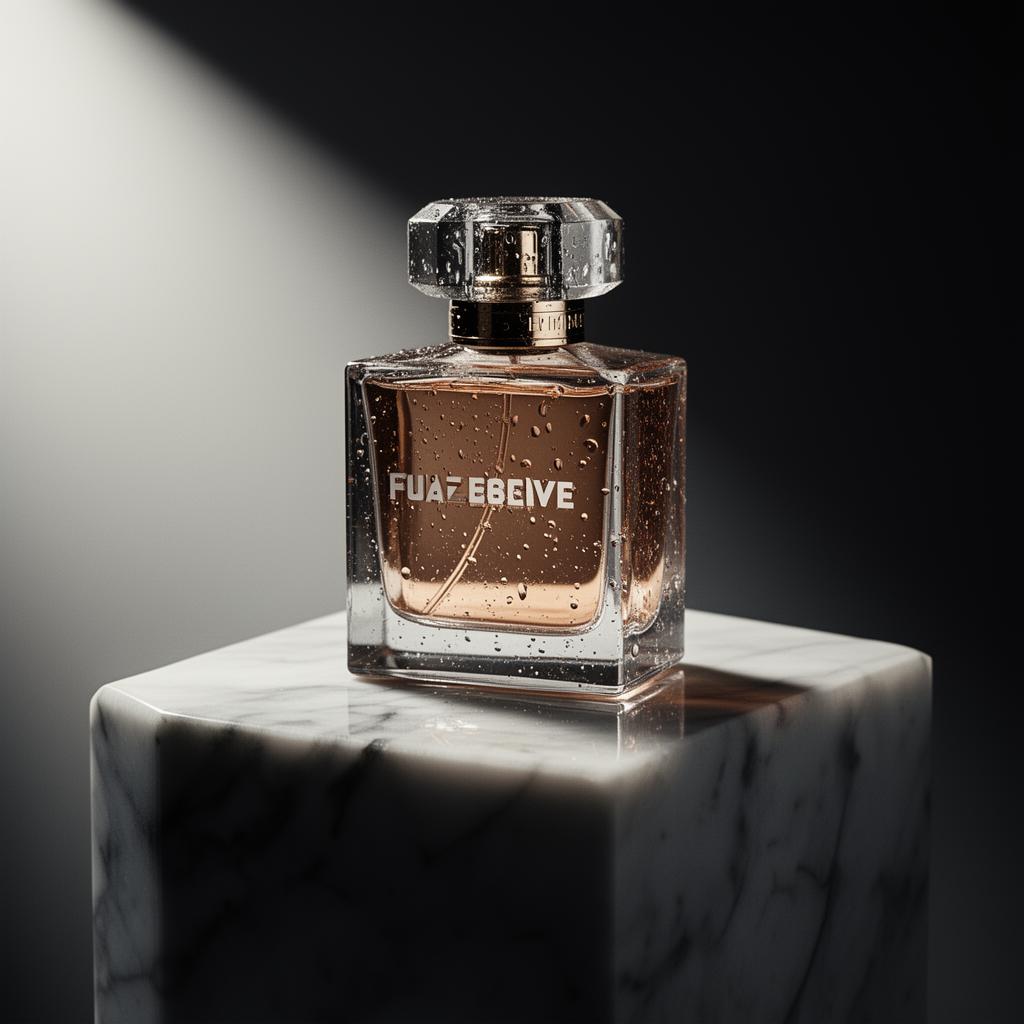 Cinematic studio shot of a luxury perfume bottle on a marble pedestal with directional lighting