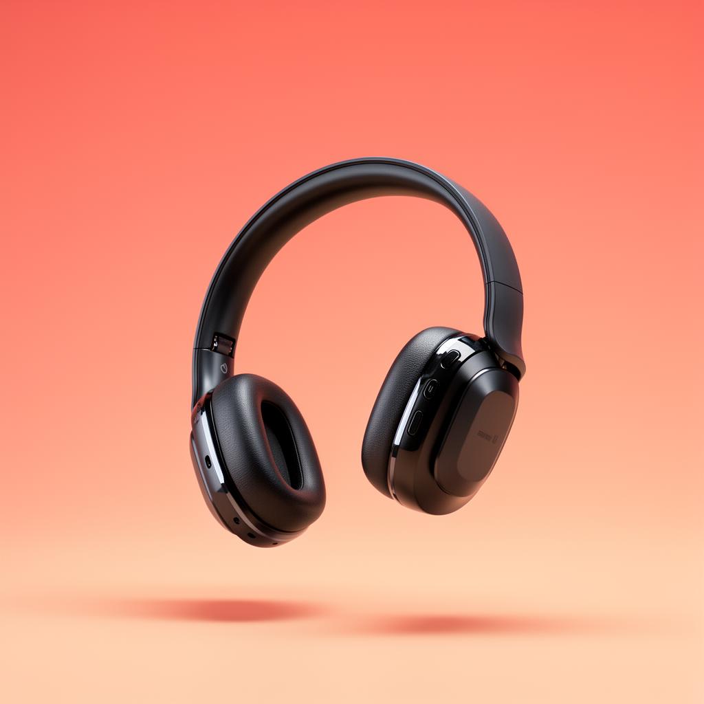 Floating wireless headphones on a coral gradient background with a soft drop shadow
