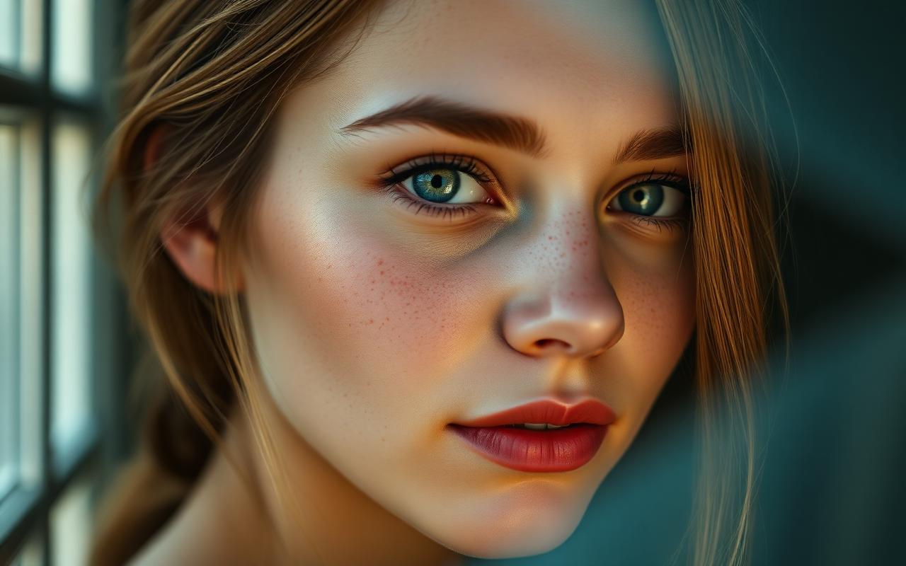 Hyper realistic AI generated portrait close-up showing photographic skin texture