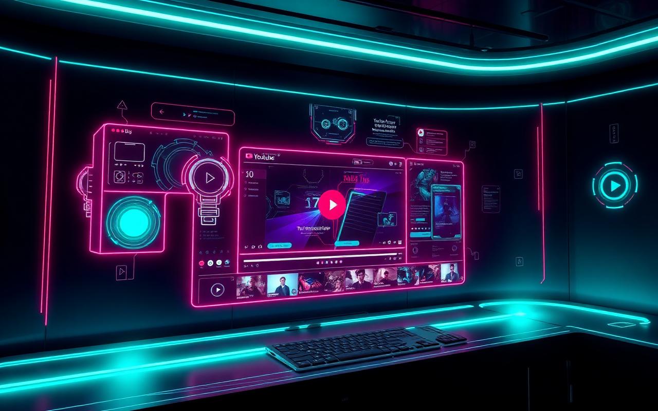 AI video workflow visualization with neon dashboard